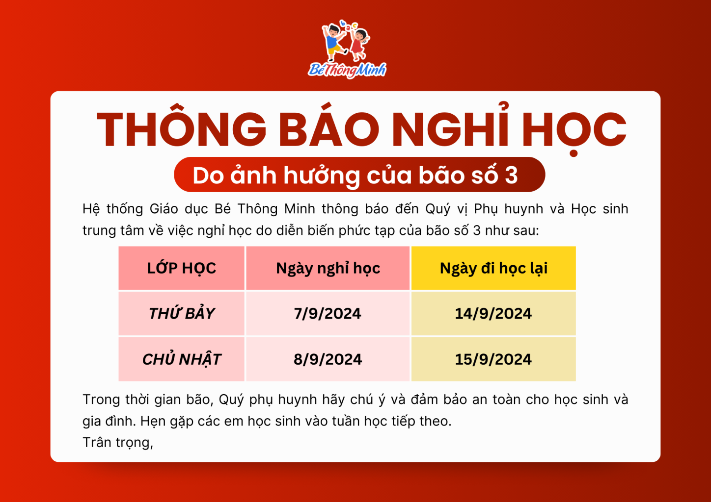 thông báo nghỉ học